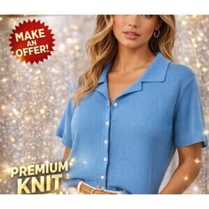 Van Heusen "For Her" VTG Blue Short Sleeve Knit Collard Blouse Women's Siz Small